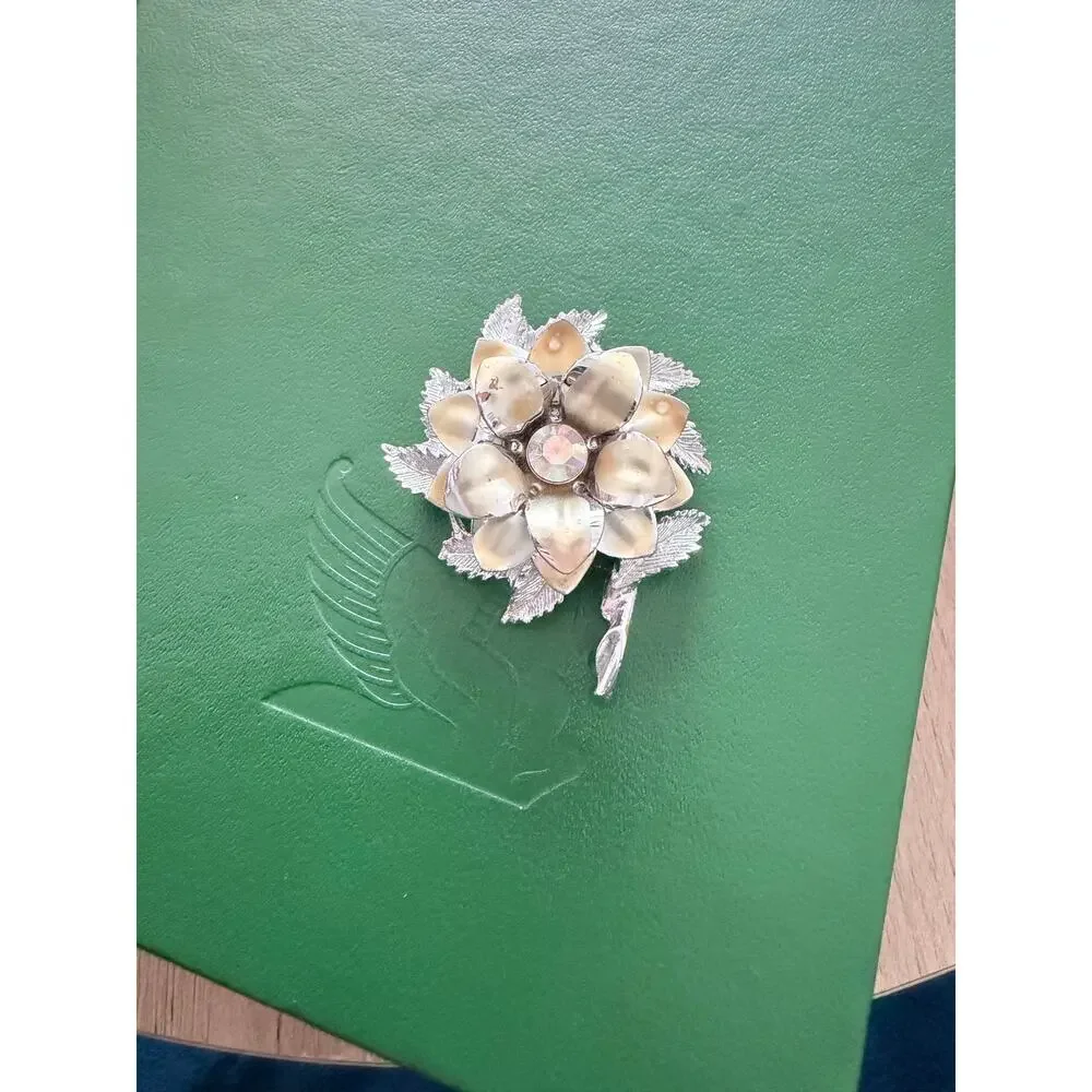 Vintage Rhinestone Flower Brooch Gold Silver Tone Floral Pin